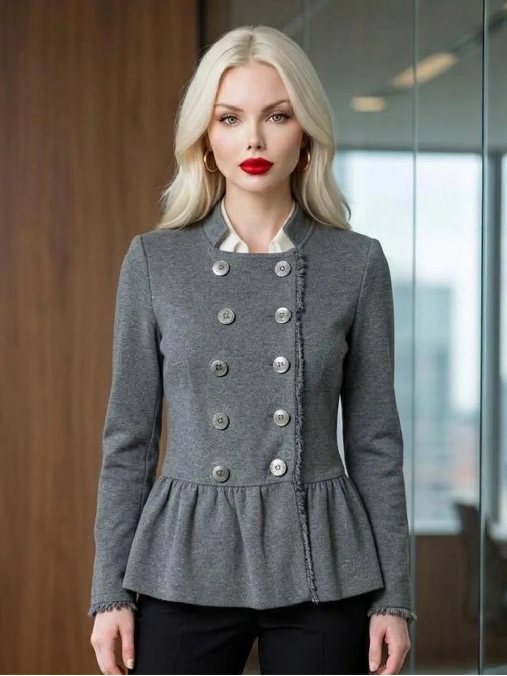 Women's Gray Peplum Double-Breasted Jacket